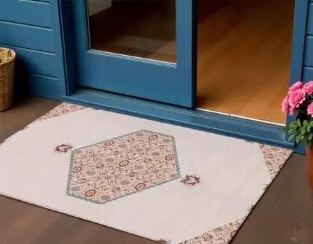 3' X 5' Pink Beige And Burgundy Oriental Washable Indoor Outdoor Area Rug