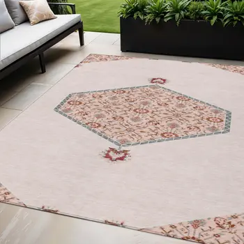 5' X 8' Pink Beige And Burgundy Oriental Washable Indoor Outdoor Area Rug