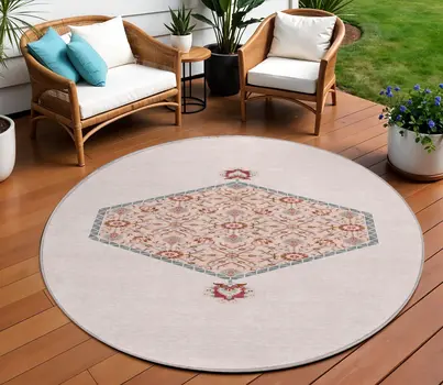 8' Pink Beige And Burgundy Round Oriental Washable Indoor Outdoor Area Rug