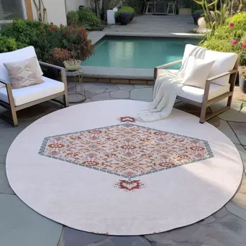 8' Pink Beige And Burgundy Round Oriental Washable Indoor Outdoor Area Rug