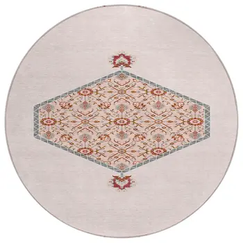 8' Pink Beige And Burgundy Round Oriental Washable Indoor Outdoor Area Rug
