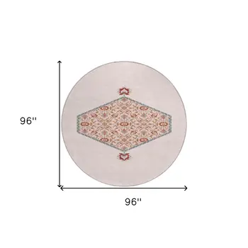 8' Pink Beige And Burgundy Round Oriental Washable Indoor Outdoor Area Rug