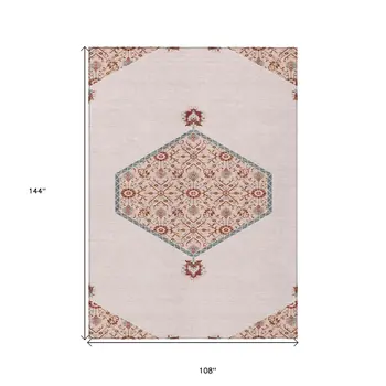 9' X 12' Pink Beige And Burgundy Oriental Washable Indoor Outdoor Area Rug