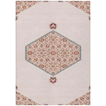 9' X 12' Pink Beige And Burgundy Oriental Washable Indoor Outdoor Area Rug