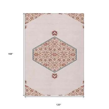 10' X 14' Pink Beige And Burgundy Oriental Washable Indoor Outdoor Area Rug