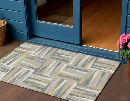3' X 5' Beige Gray And Ivory Geometric Washable Indoor Outdoor Area Rug