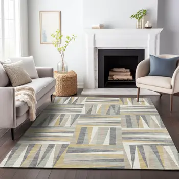 3' X 5' Beige Gray And Ivory Geometric Washable Indoor Outdoor Area Rug