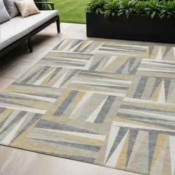 5' X 8' Beige Gray And Ivory Geometric Washable Indoor Outdoor Area Rug