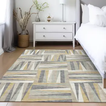 5' X 8' Beige Gray And Ivory Geometric Washable Indoor Outdoor Area Rug