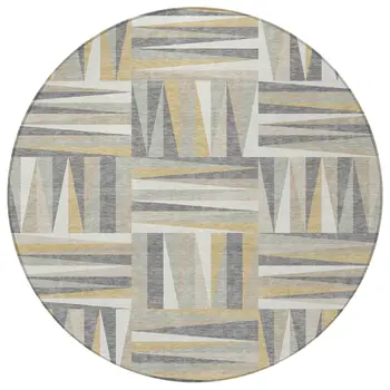 8' Beige Gray And Ivory Round Geometric Washable Indoor Outdoor Area Rug