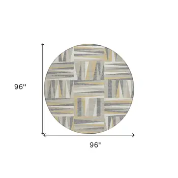 8' Beige Gray And Ivory Round Geometric Washable Indoor Outdoor Area Rug