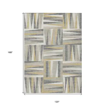 10' X 14' Beige Gray And Ivory Geometric Washable Indoor Outdoor Area Rug