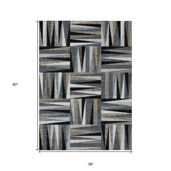 3' X 5' Black Gray And Ivory Geometric Washable Indoor Outdoor Area Rug