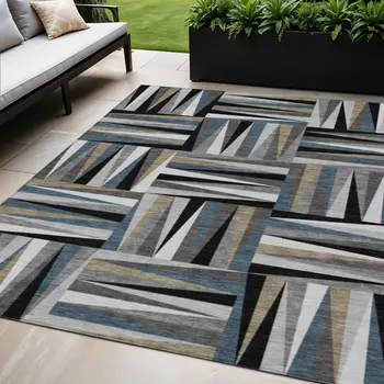 5' X 8' Black Gray And Ivory Geometric Washable Indoor Outdoor Area Rug