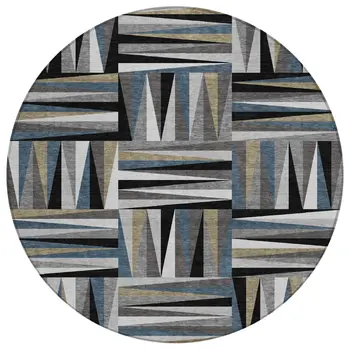 8' Black Gray And Ivory Round Geometric Washable Indoor Outdoor Area Rug