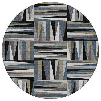 8' Black Gray And Ivory Round Geometric Washable Indoor Outdoor Area Rug