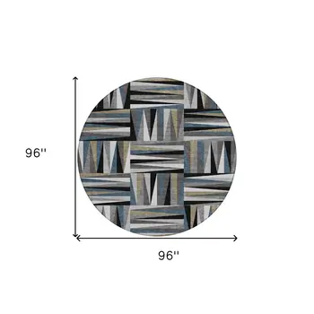 8' Black Gray And Ivory Round Geometric Washable Indoor Outdoor Area Rug