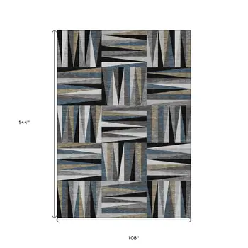 9' X 12' Black Gray And Ivory Geometric Washable Indoor Outdoor Area Rug