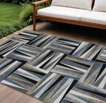 9' X 12' Black Gray And Ivory Geometric Washable Indoor Outdoor Area Rug