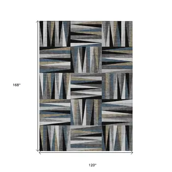 10' X 14' Black Gray And Ivory Geometric Washable Indoor Outdoor Area Rug