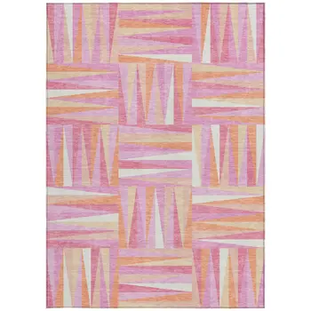 3' X 5' Blush Ivory And Orange Geometric Washable Indoor Outdoor Area Rug