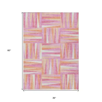 3' X 5' Blush Ivory And Orange Geometric Washable Indoor Outdoor Area Rug