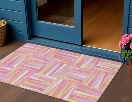 3' X 5' Blush Ivory And Orange Geometric Washable Indoor Outdoor Area Rug