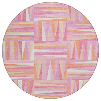 8' Blush Ivory And Orange Round Geometric Washable Indoor Outdoor Area Rug