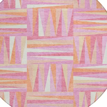 8' Blush Ivory And Orange Round Geometric Washable Indoor Outdoor Area Rug