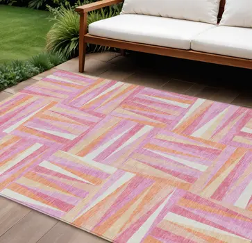 9' X 12' Blush Ivory And Orange Geometric Washable Indoor Outdoor Area Rug