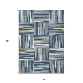 3' X 5' Denim Blue Gray And Ivory Geometric Washable Indoor Outdoor Area Rug