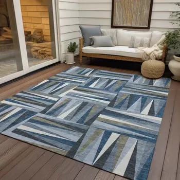 3' X 5' Denim Blue Gray And Ivory Geometric Washable Indoor Outdoor Area Rug