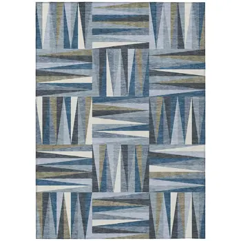 3' X 5' Denim Blue Gray And Ivory Geometric Washable Indoor Outdoor Area Rug
