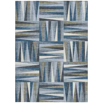 3' X 5' Denim Blue Gray And Ivory Geometric Washable Indoor Outdoor Area Rug