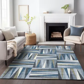 3' X 5' Denim Blue Gray And Ivory Geometric Washable Indoor Outdoor Area Rug