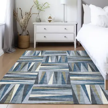 3' X 5' Denim Blue Gray And Ivory Geometric Washable Indoor Outdoor Area Rug