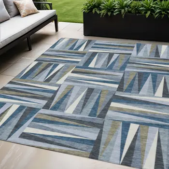 5' X 8' Denim Blue Gray And Ivory Geometric Washable Indoor Outdoor Area Rug
