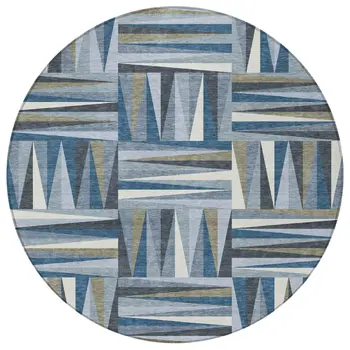 8' Denim Blue Gray And Ivory Round Geometric Washable Indoor Outdoor Area Rug