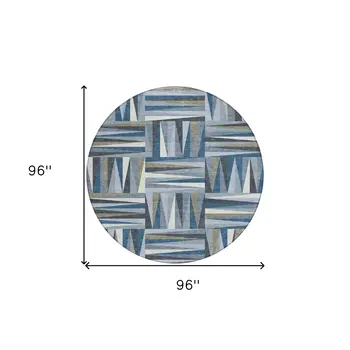 8' Denim Blue Gray And Ivory Round Geometric Washable Indoor Outdoor Area Rug