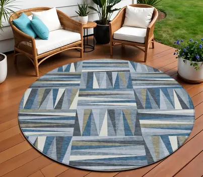 8' Denim Blue Gray And Ivory Round Geometric Washable Indoor Outdoor Area Rug