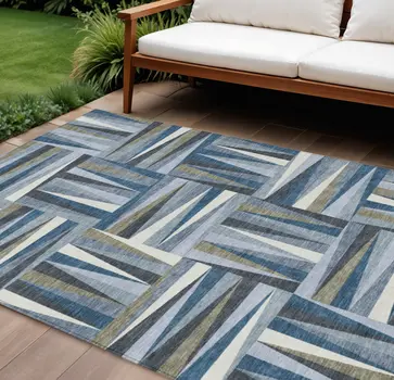 8' X 10' Denim Blue Gray And Ivory Geometric Washable Indoor Outdoor Area Rug