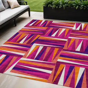 5' X 8' Red Purple And Copper Geometric Washable Indoor Outdoor Area Rug