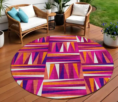 8' Red Purple And Copper Round Geometric Washable Indoor Outdoor Area Rug