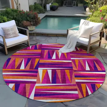 8' Red Purple And Copper Round Geometric Washable Indoor Outdoor Area Rug