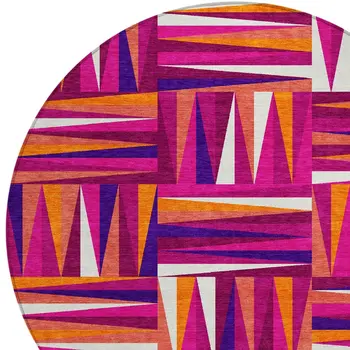 8' Red Purple And Copper Round Geometric Washable Indoor Outdoor Area Rug
