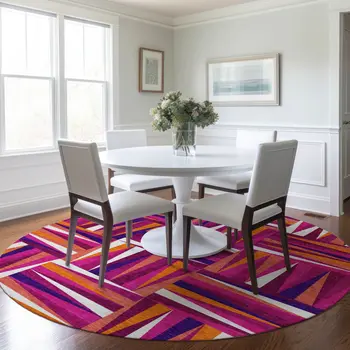 8' Red Purple And Copper Round Geometric Washable Indoor Outdoor Area Rug
