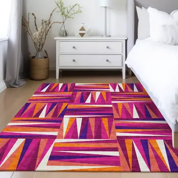 8' X 10' Red Purple And Copper Geometric Washable Indoor Outdoor Area Rug