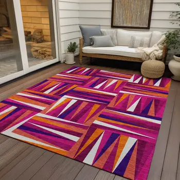 10' X 14' Red Purple And Copper Geometric Washable Indoor Outdoor Area Rug
