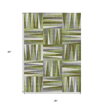 3' X 5' Green Gray And Ivory Geometric Washable Indoor Outdoor Area Rug