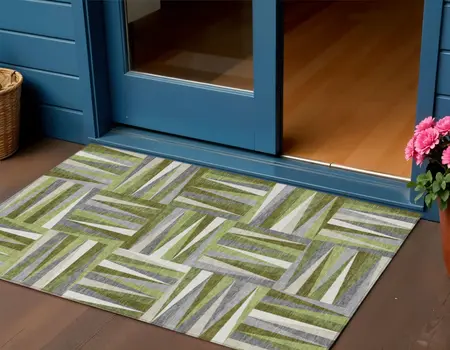 3' X 5' Green Gray And Ivory Geometric Washable Indoor Outdoor Area Rug